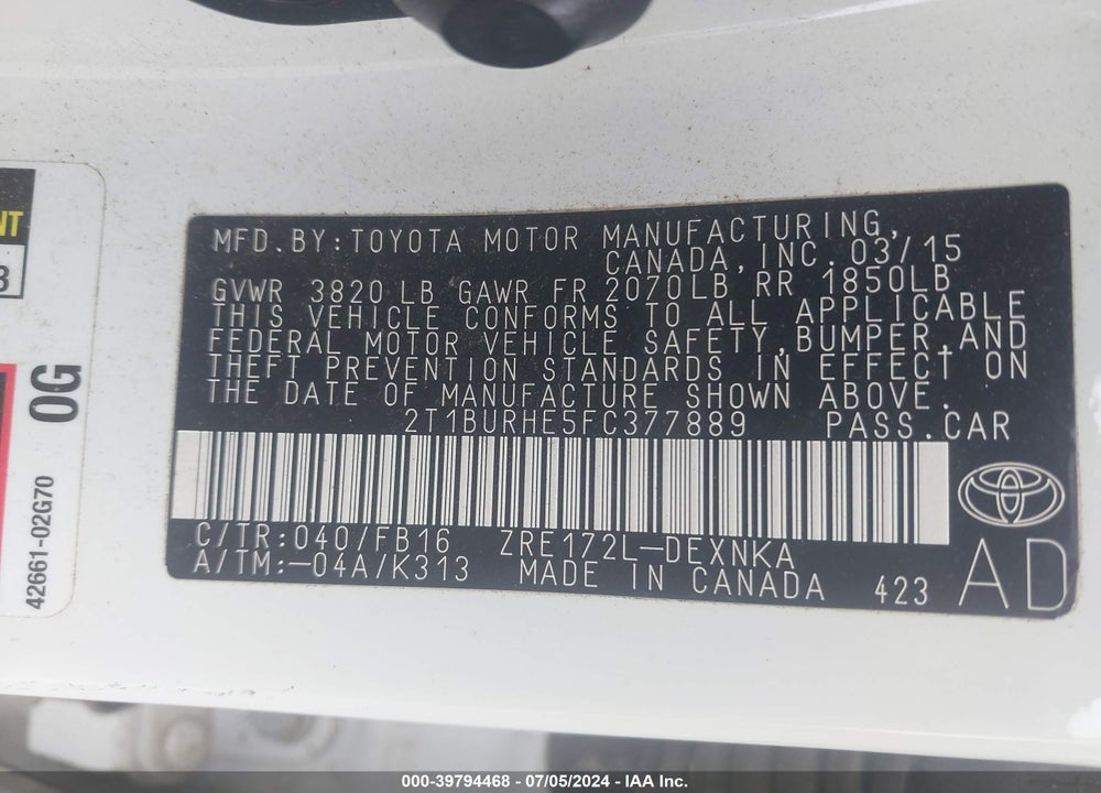 2015 TOYOTA COROLLA LE PLUS VIN: 2T1BURHE5FC377889