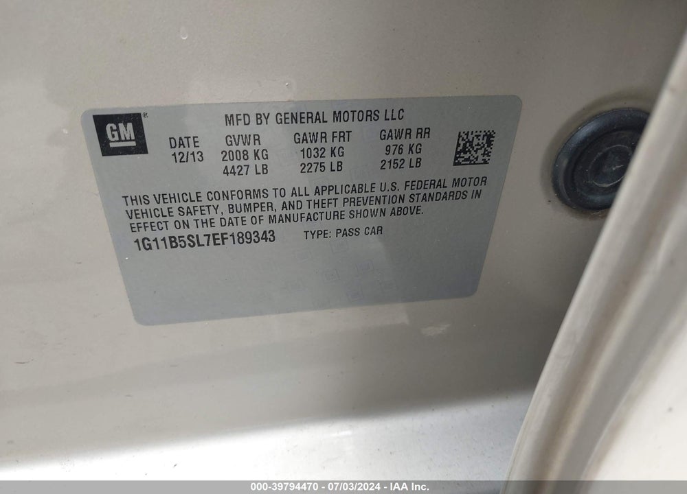 2014 CHEVROLET MALIBU 1LS VIN: 1G11B5SL7EF189343