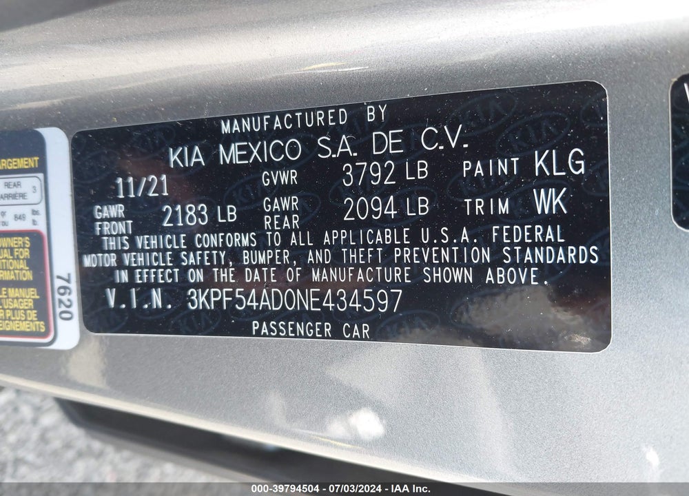2022 KIA FORTE GT LINE VIN: 3KPF54AD0NE434597