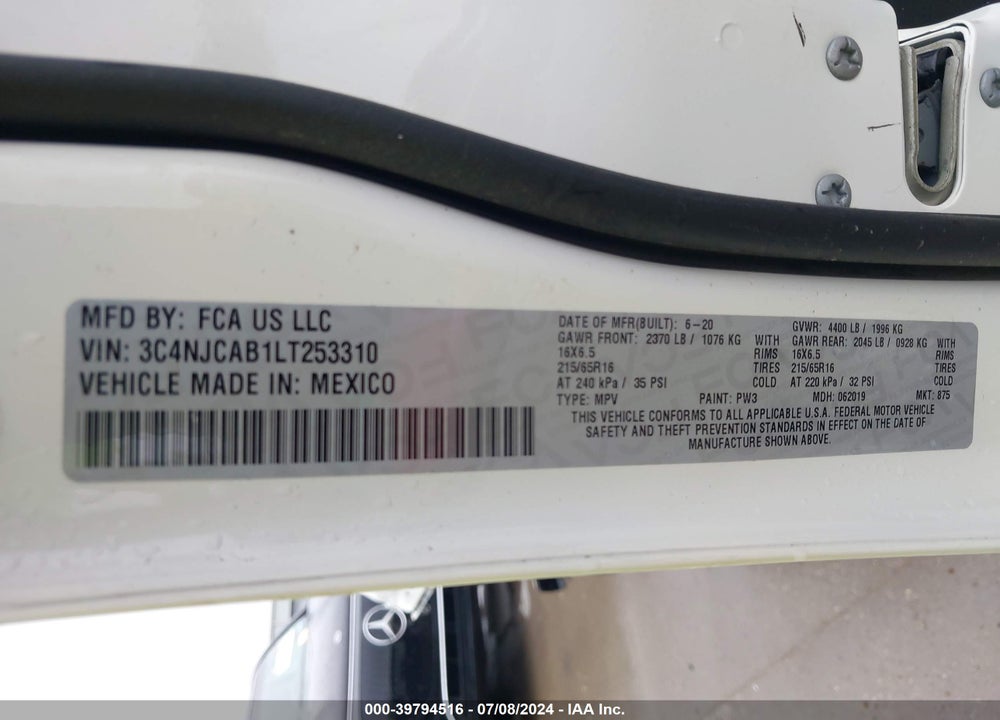 2020 JEEP COMPASS SPORT FWD VIN: 3C4NJCAB1LT253310