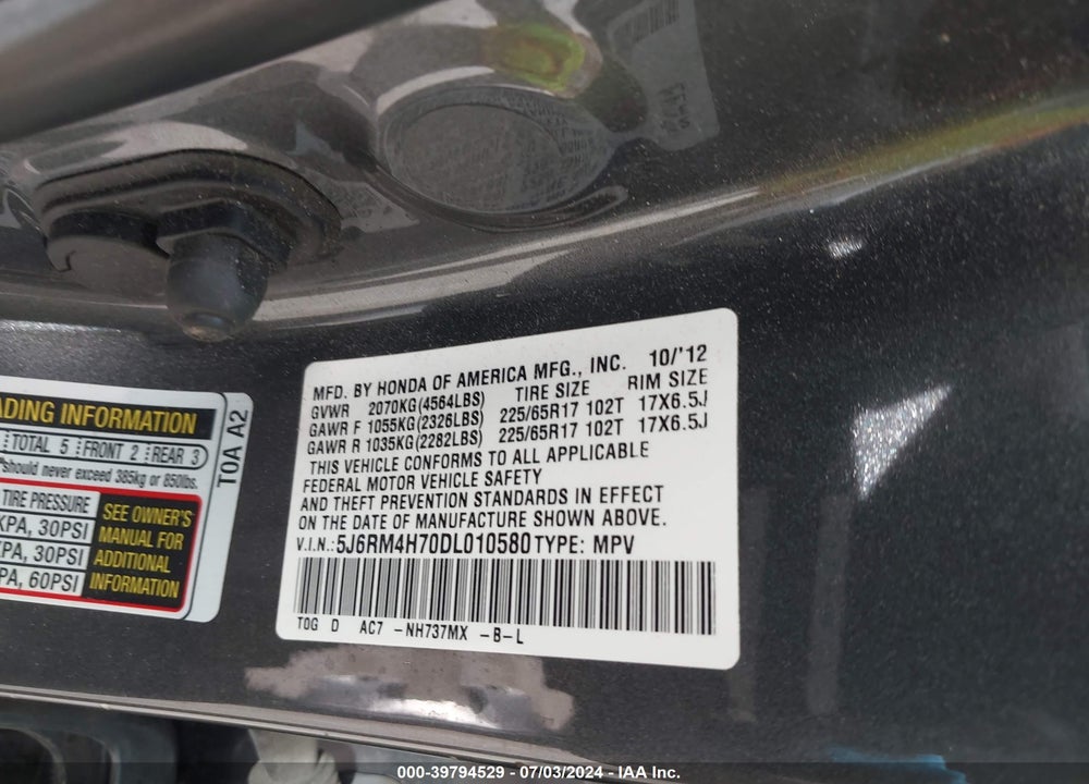 2013 HONDA CR-V EX-L VIN: 5J6RM4H70DL010580
