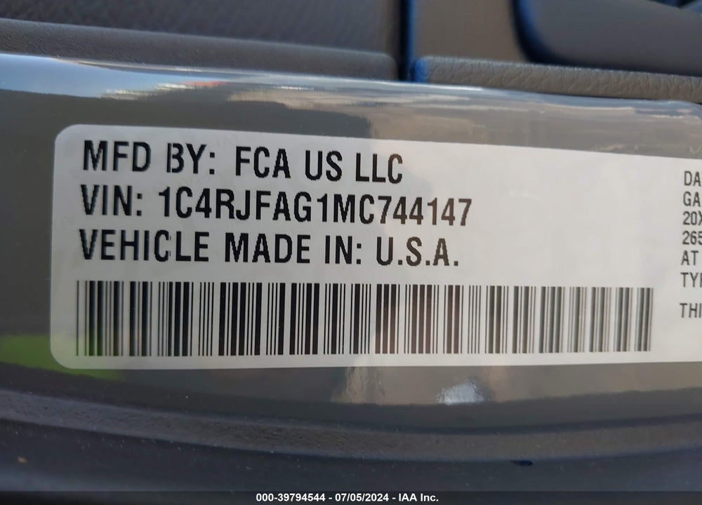 2021 JEEP GRAND CHEROKEE LAREDO X 4X4 VIN: 1C4RJFAG1MC744147
