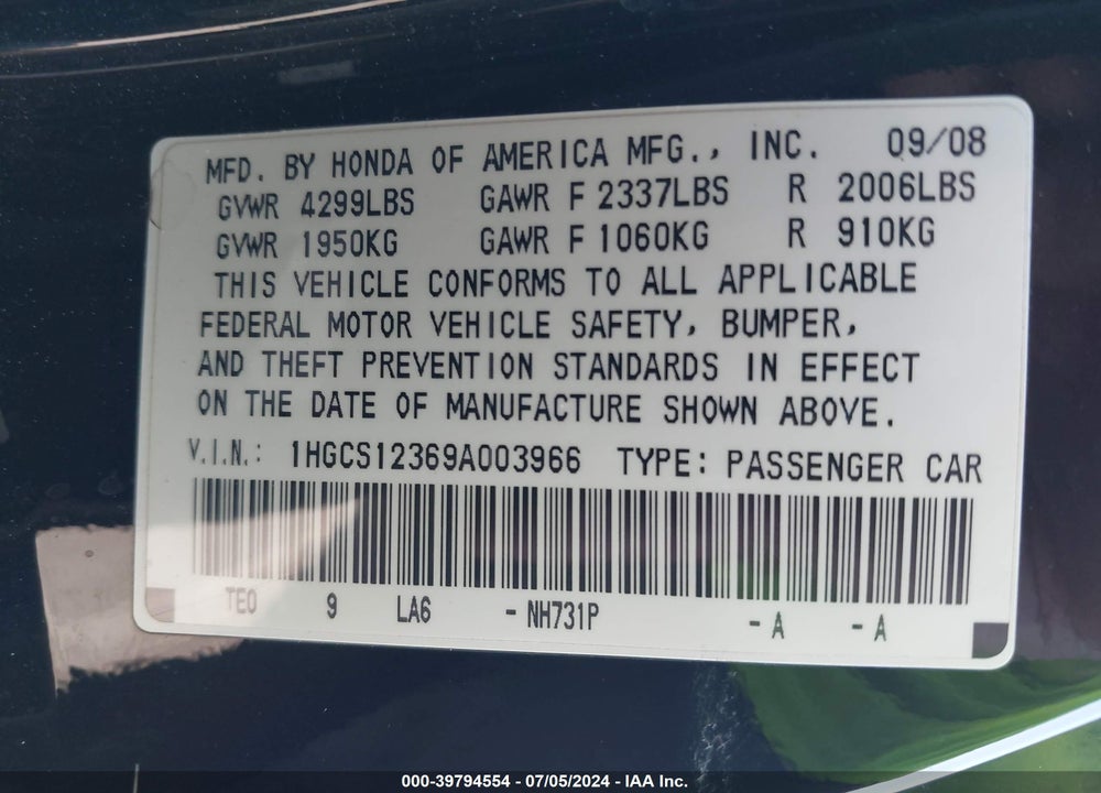 2009 HONDA ACCORD 2.4 LX-S VIN: 1HGCS12369A003966