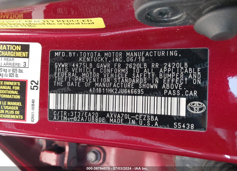 2018 TOYOTA CAMRY SE VIN: 4T1B11HK2JU646695