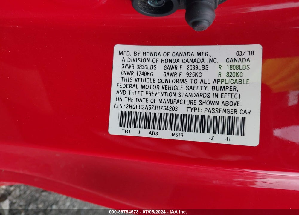 2018 HONDA CIVIC SI VIN: 2HGFC3A57JH754203