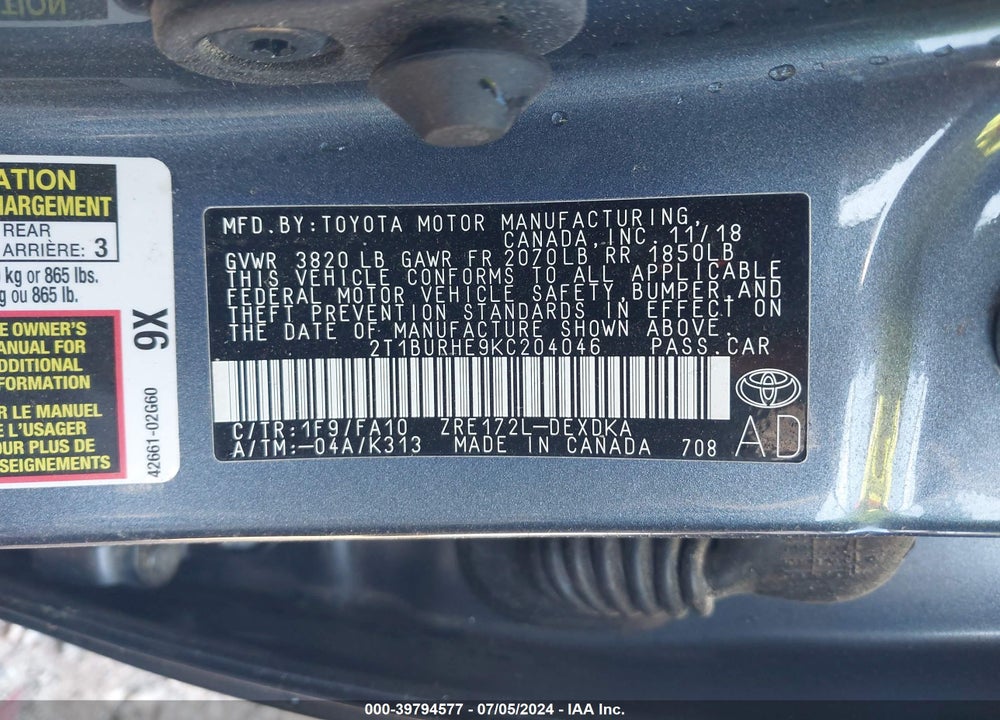 2019 TOYOTA COROLLA L VIN: 2T1BURHE9KC204046