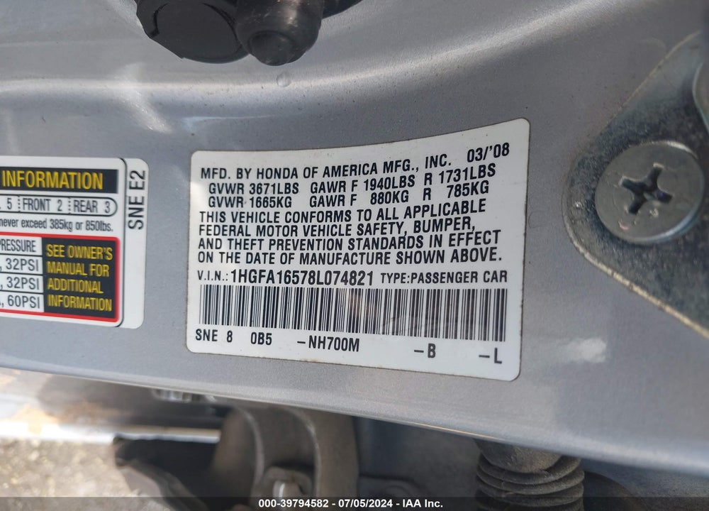 2008 HONDA CIVIC LX VIN: 1HGFA16578L074821