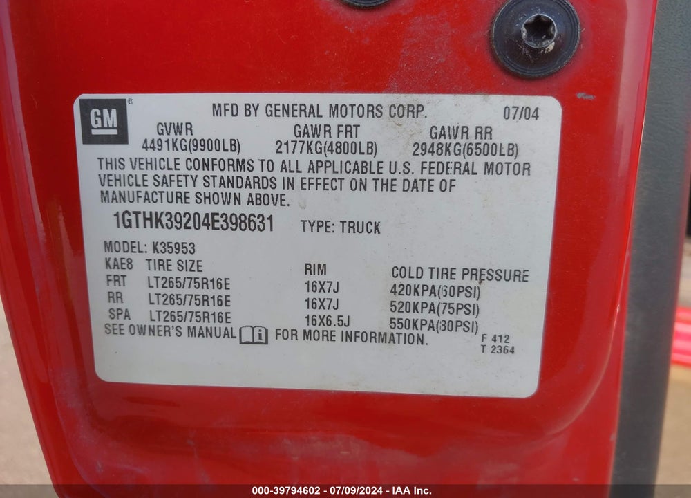 2004 GMC SIERRA 3500 SLE VIN: 1GTHK39204E398631