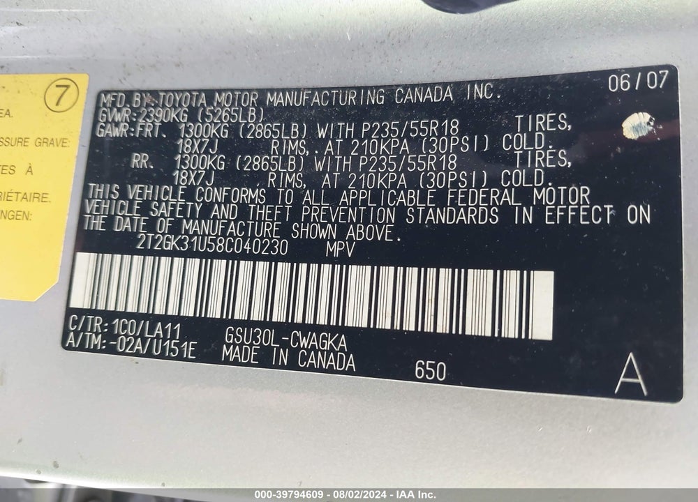 2008 LEXUS RX 350 VIN: 2T2GK31U58C040230