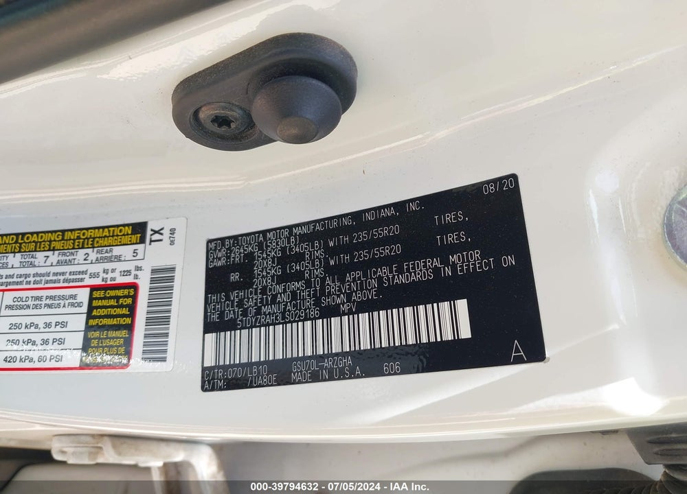 2020 TOYOTA HIGHLANDER LIMITED VIN: 5TDYZRAH3LS029186