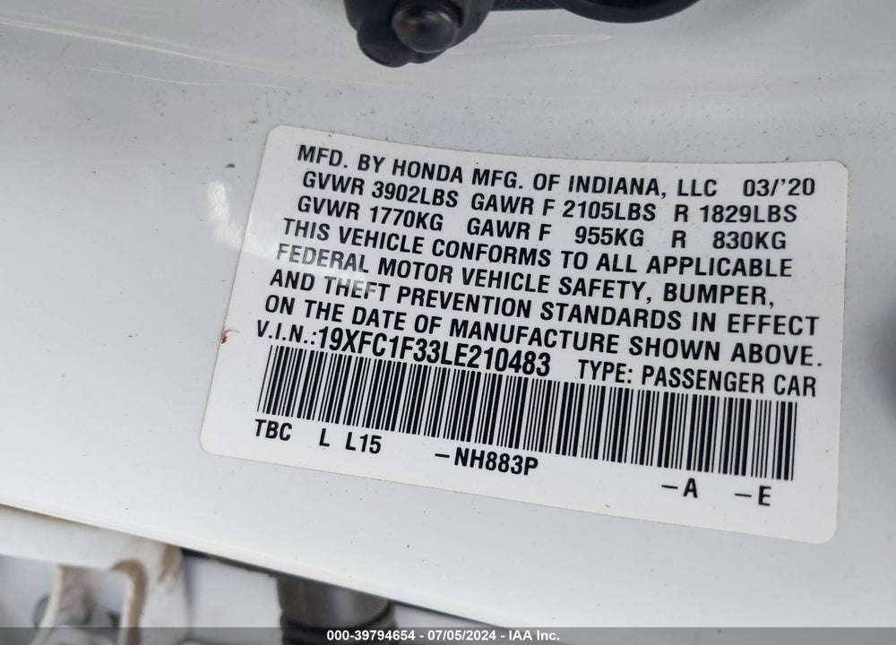2020 HONDA CIVIC EX VIN: 19XFC1F33LE210483