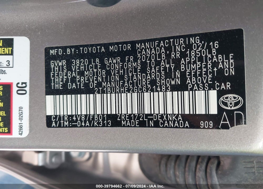 2016 TOYOTA COROLLA LE VIN: 2T1BURHE2GC621483