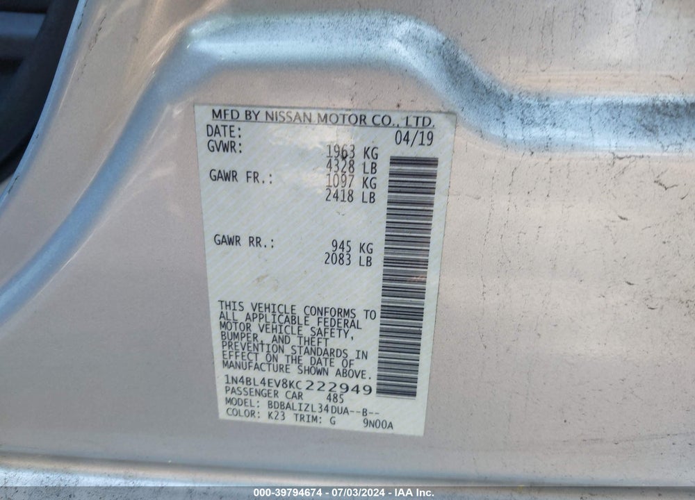 2019 NISSAN ALTIMA 2.5 SL VIN: 1N4BL4EV8KC222949