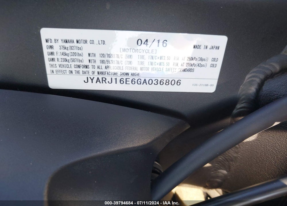 2016 YAMAHA YZFR6 VIN: JYARJ16E6GA036806