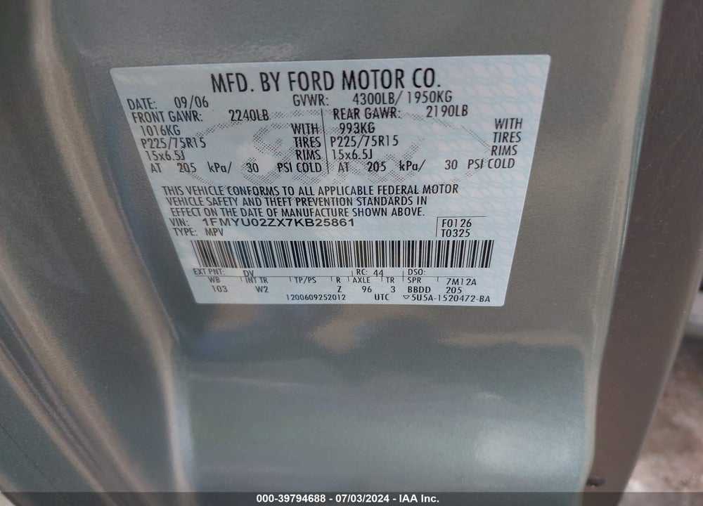 2007 FORD ESCAPE XLS/XLS MANUAL VIN: 1FMYU02ZX7KB25861