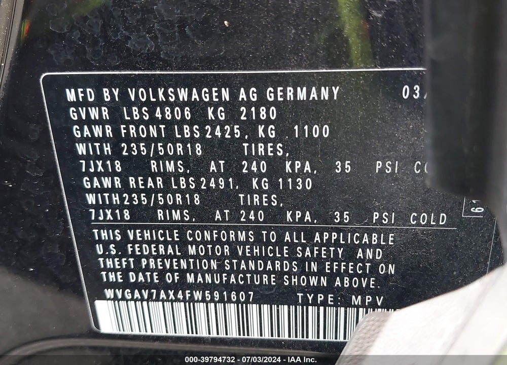 2015 VOLKSWAGEN TIGUAN SE VIN: WVGAV7AX4FW591607