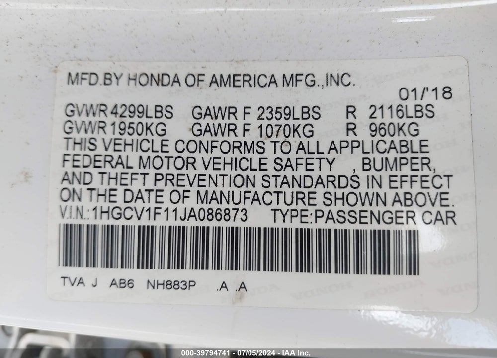 2018 HONDA ACCORD LX VIN: 1HGCV1F11JA086873