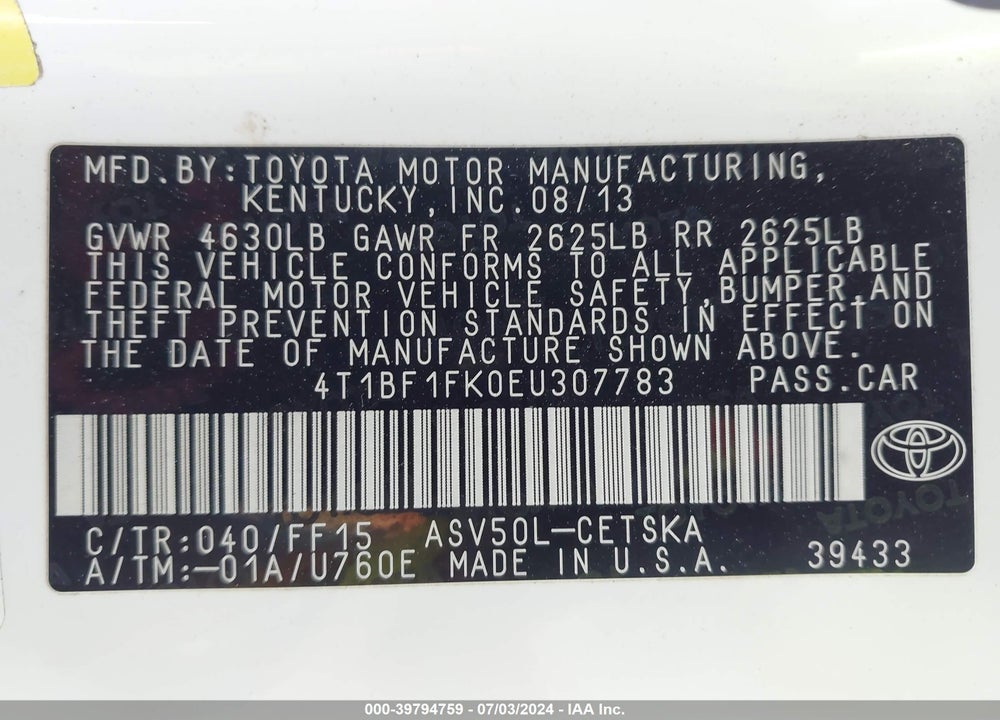 2014 TOYOTA CAMRY SE SPORT VIN: 4T1BF1FK0EU307783