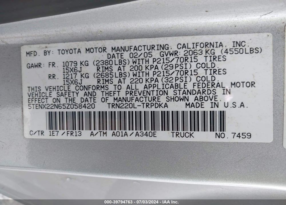 2005 TOYOTA TACOMA VIN: 5TENX22N65Z058420