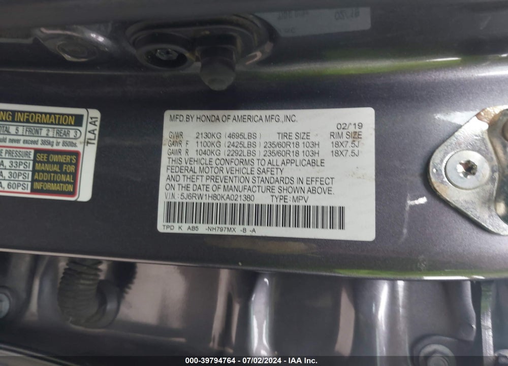 2019 HONDA CR-V EX-L VIN: 5J6RW1H80KA021380
