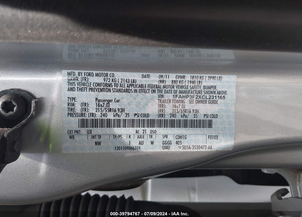 2012 FORD FOCUS SE VIN: 1FAHP3F2XCL231165