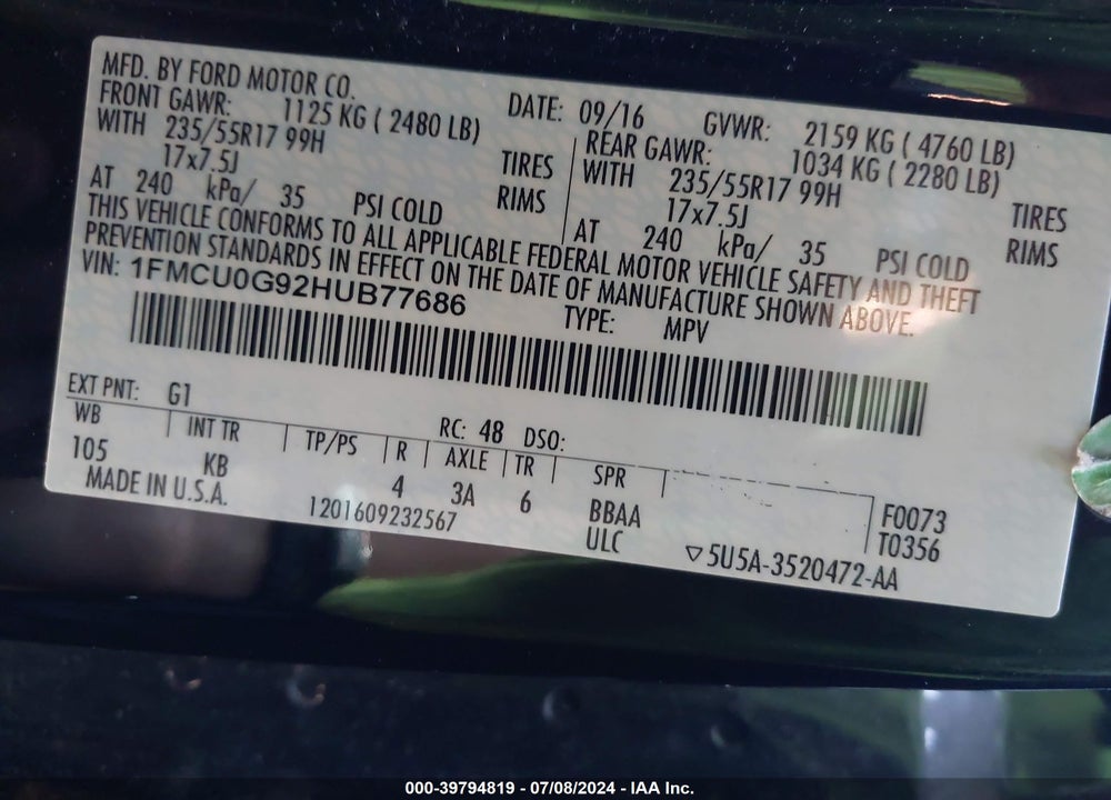 2017 FORD ESCAPE SE VIN: 1FMCU0G92HUB77686