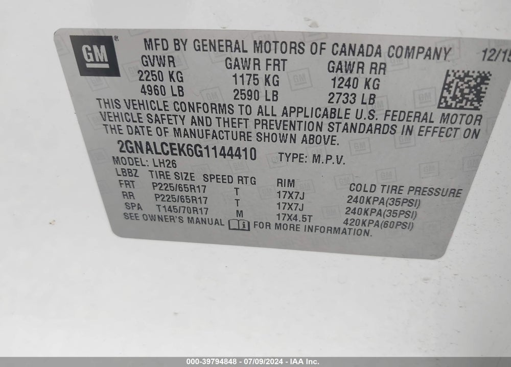 2016 CHEVROLET EQUINOX LT VIN: 2GNALCEK6G1144410