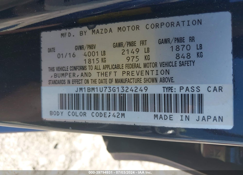 2016 MAZDA 3 I SPORT VIN: JM1BM1U73G1324249