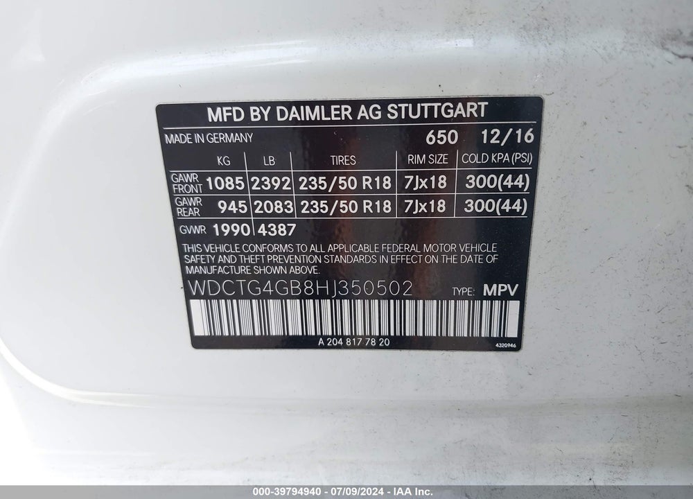 2017 MERCEDES-BENZ GLA 250 VIN: WDCTG4GB8HJ350502