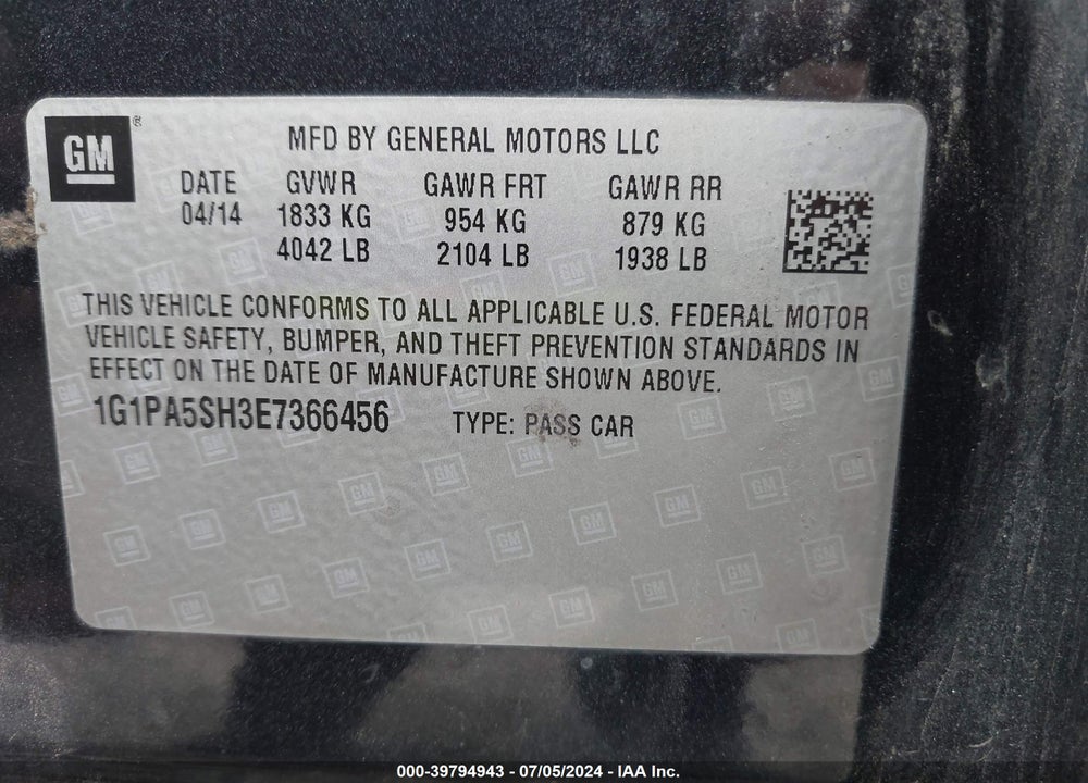 2014 CHEVROLET CRUZE LS AUTO VIN: 1G1PA5SH3E7366456