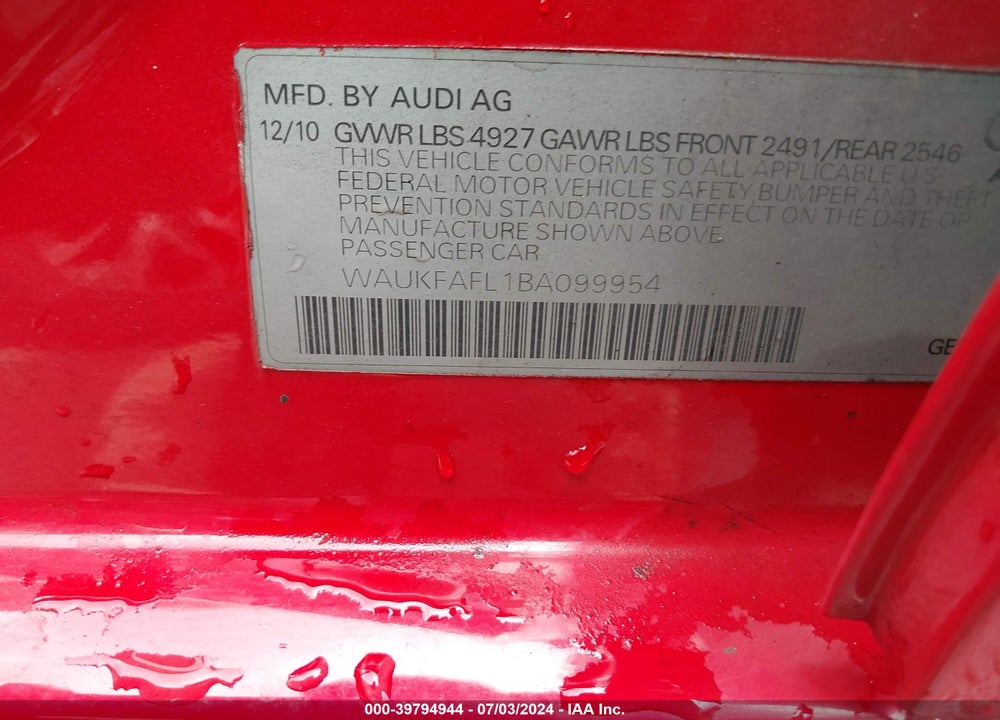 2011 AUDI A4 2.0T PREMIUM VIN: WAUKFAFL1BA099954