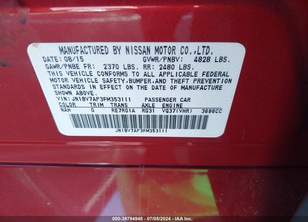 2015 INFINITI Q50 SPORT VIN: JN1BV7AP3FM353111