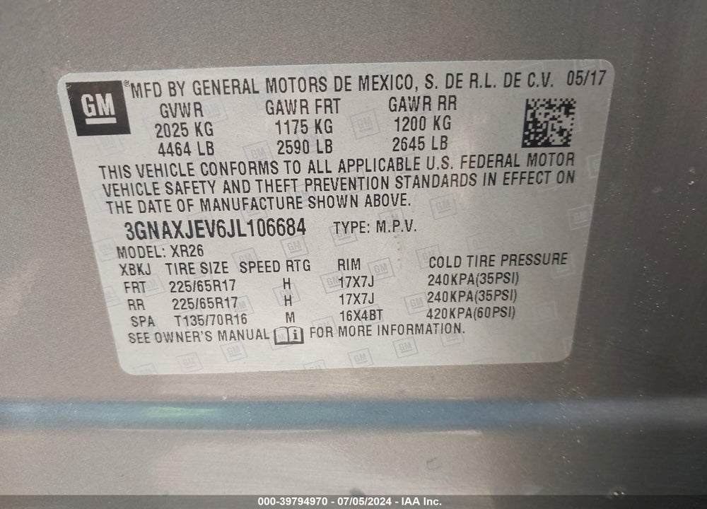 2018 CHEVROLET EQUINOX LT VIN: 3GNAXJEV6JL106684