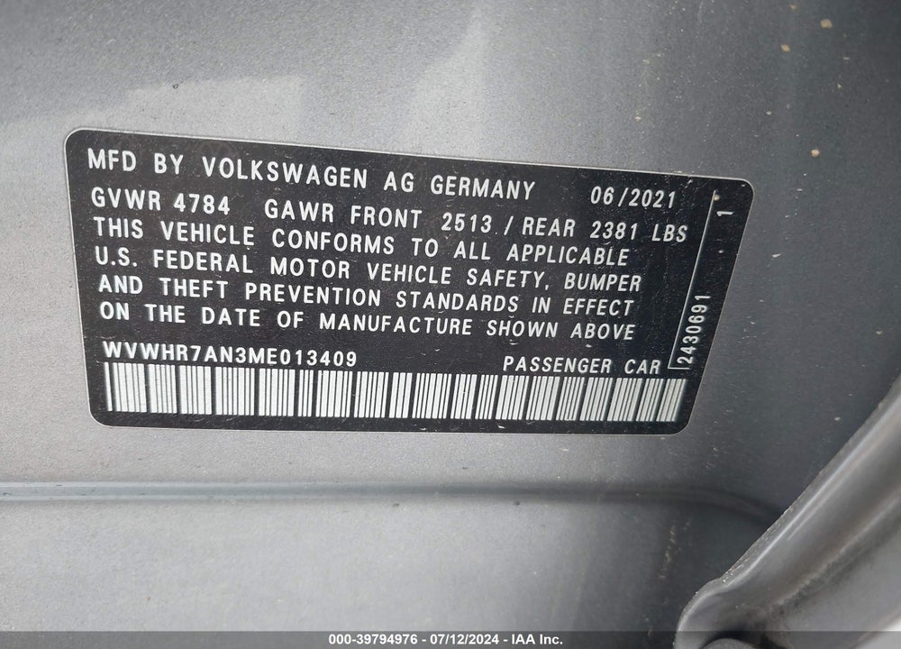2021 VOLKSWAGEN ARTEON 2.0T SEL R-LINE VIN: WVWHR7AN3ME013409