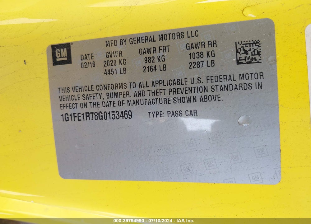 2016 CHEVROLET CAMARO 1SS VIN: 1G1FE1R78G0153469
