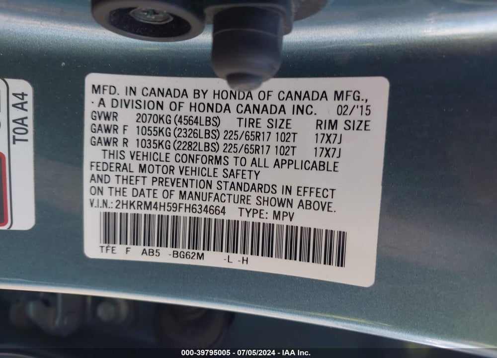 2015 HONDA CR-V EX VIN: 2HKRM4H59FH634664