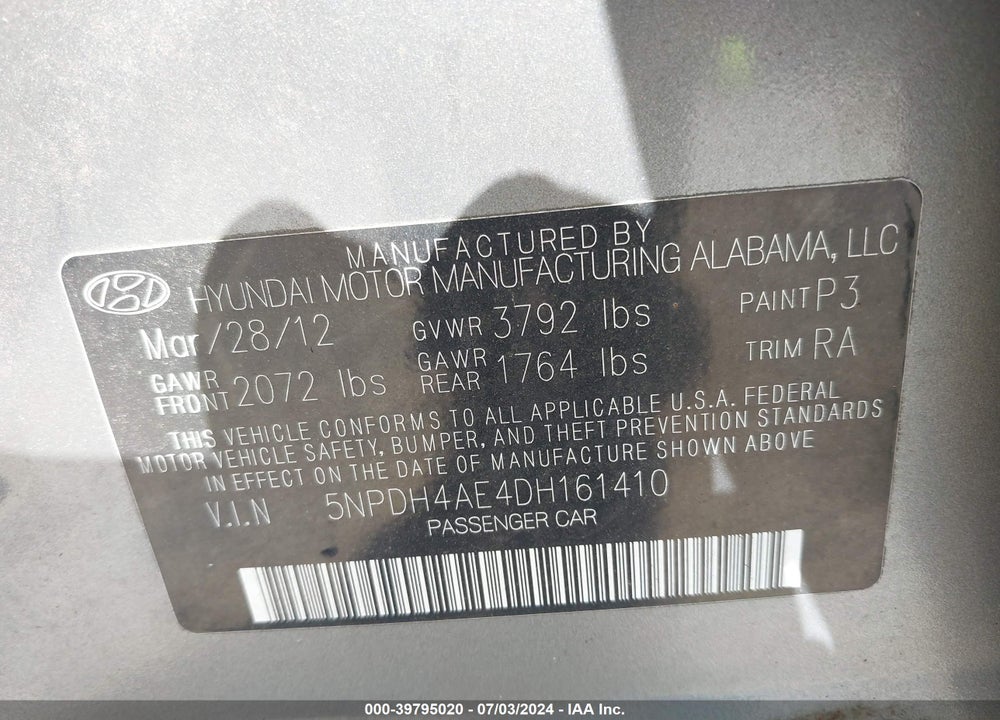 2013 HYUNDAI ELANTRA GLS VIN: 5NPDH4AE4DH161410