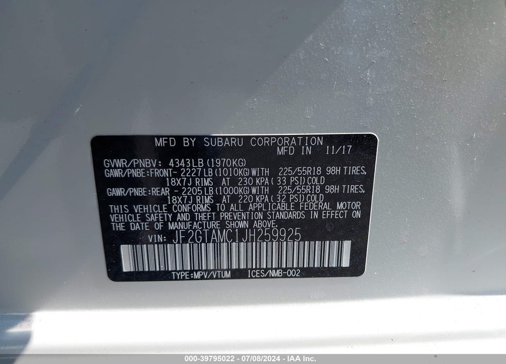2018 SUBARU CROSSTREK 2.0I LIMITED VIN: JF2GTAMC1JH259925