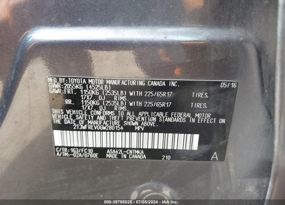 2016 TOYOTA RAV4 XLE VIN: 2T3WFREV0GW280154