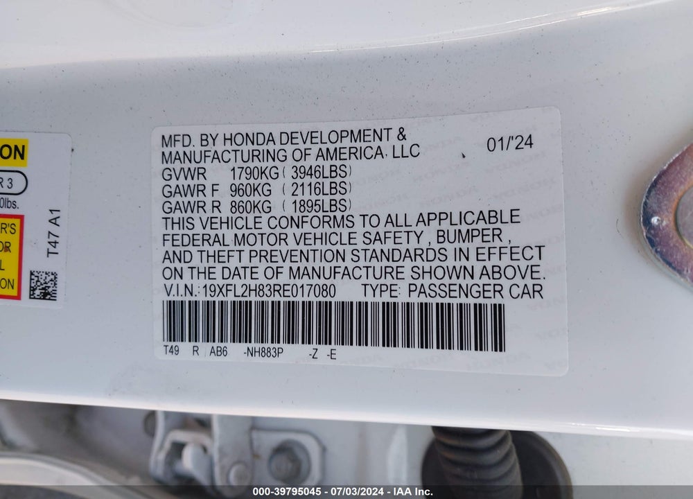 2024 HONDA CIVIC SPORT VIN: 19XFL2H83RE017080