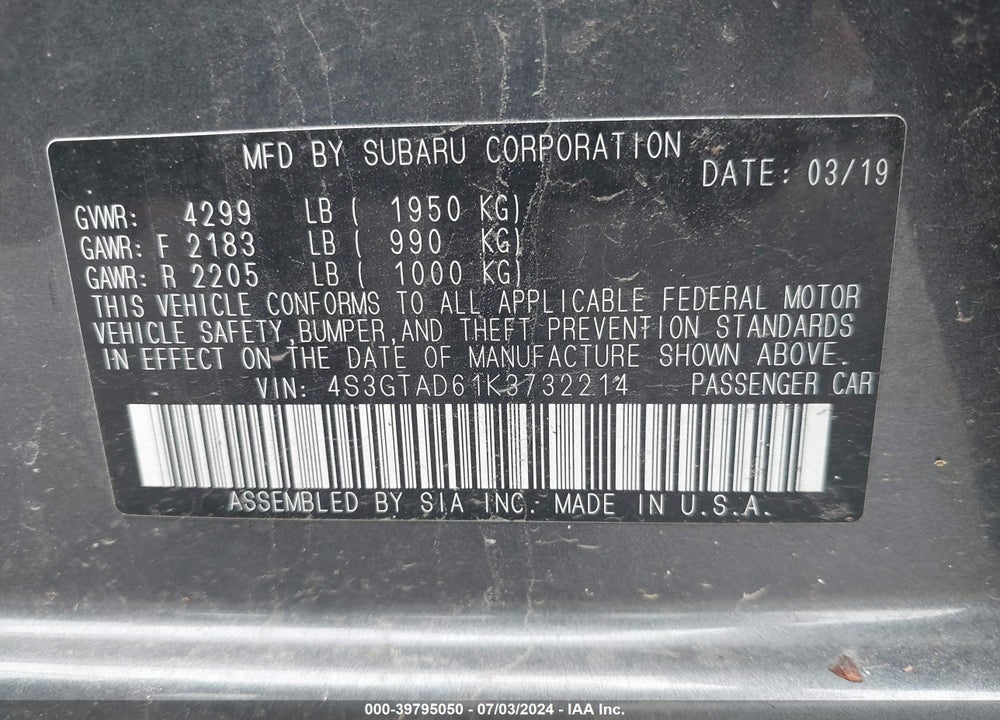 2019 SUBARU IMPREZA 2.0I PREMIUM VIN: 4S3GTAD61K3732214