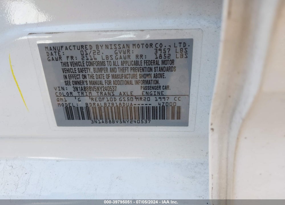 2022 NISSAN SENTRA S XTRONIC CVT VIN: 3N1AB8BV5NY240537