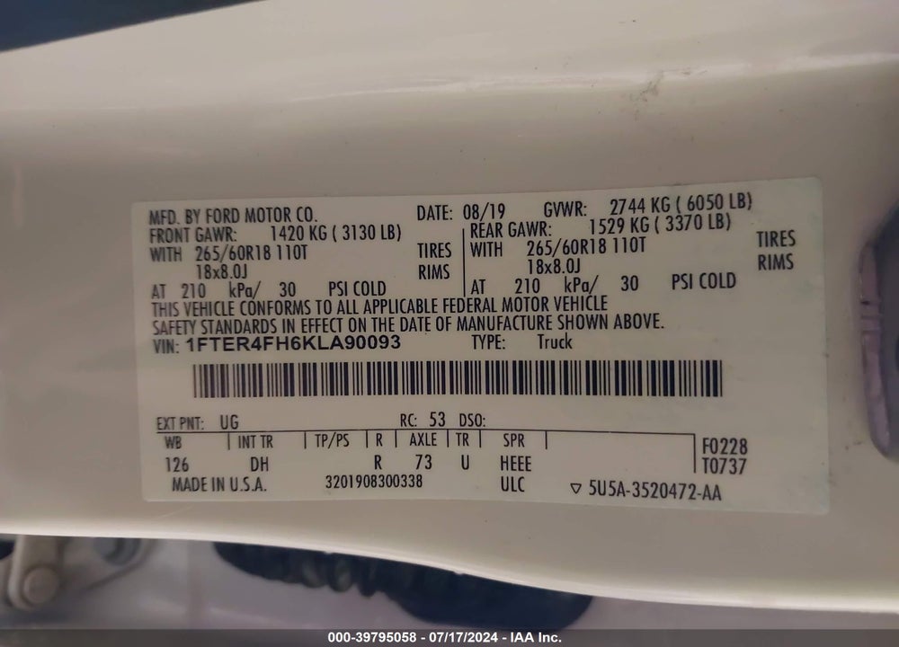 2019 FORD RANGER LARIAT VIN: 1FTER4FH6KLA90093
