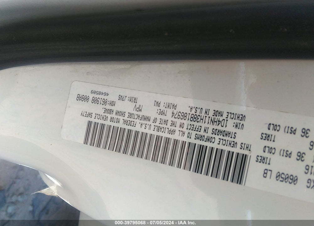 2008 DODGE GRAND CARAVAN CV VIN: 1D4HN11H38B186974