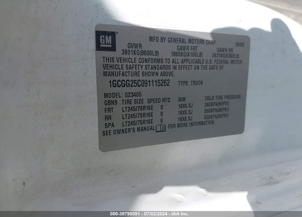 2009 CHEVROLET EXPRESS 2500 WORK VAN VIN: 1GCGG25C091115262