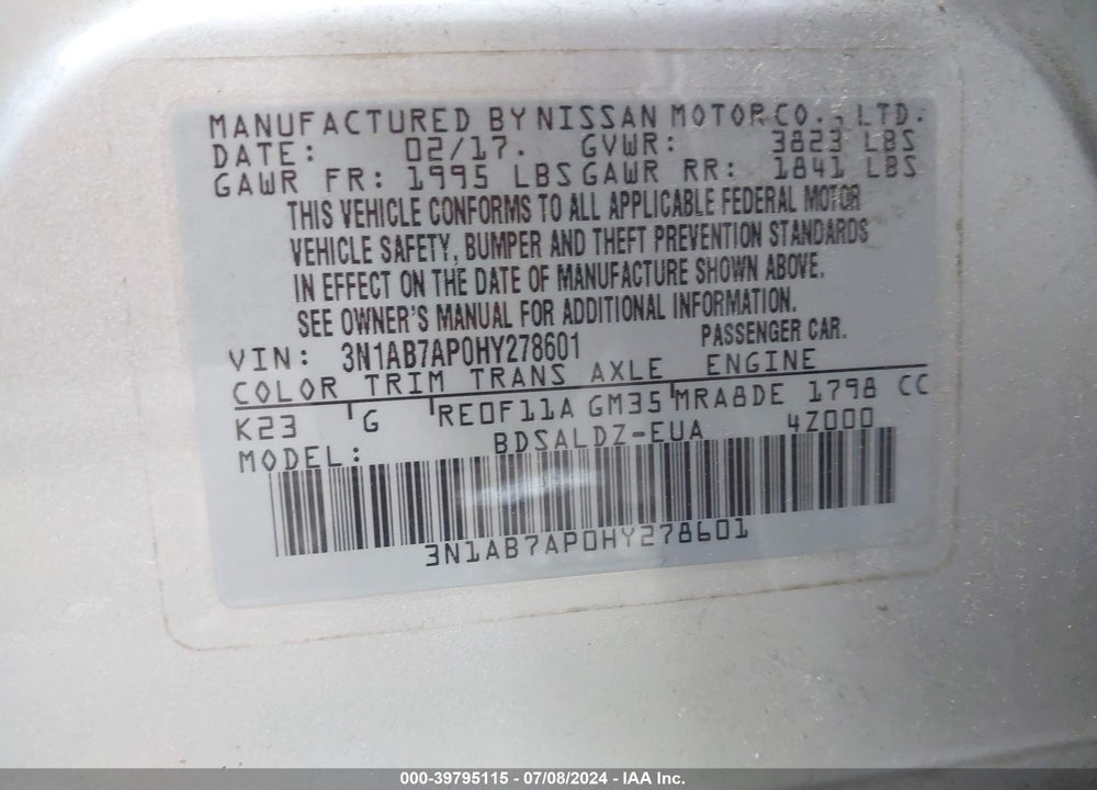 2017 NISSAN SENTRA SV VIN: 3N1AB7AP0HY278601