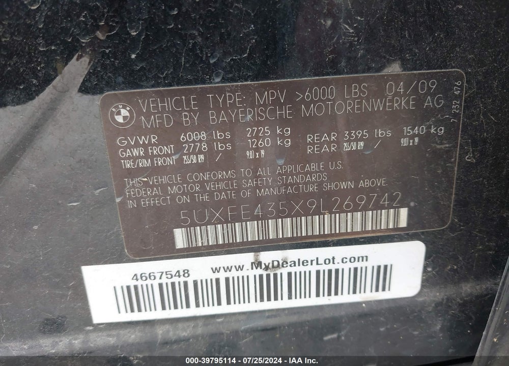 2009 BMW X5 XDRIVE30I VIN: 5UXFE435X9L269742