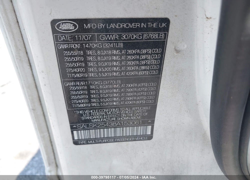 2008 LAND ROVER RANGE ROVER SPORT HSE VIN: SALSK25438A153061