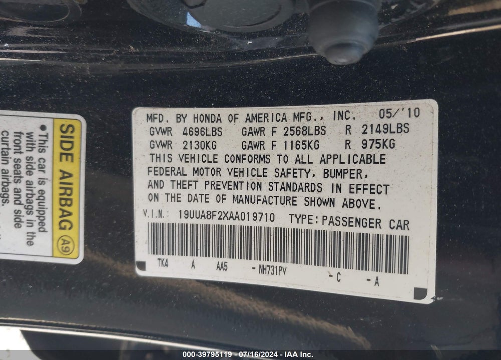 2010 ACURA TL 3.5 VIN: 19UUA8F2XAA019710