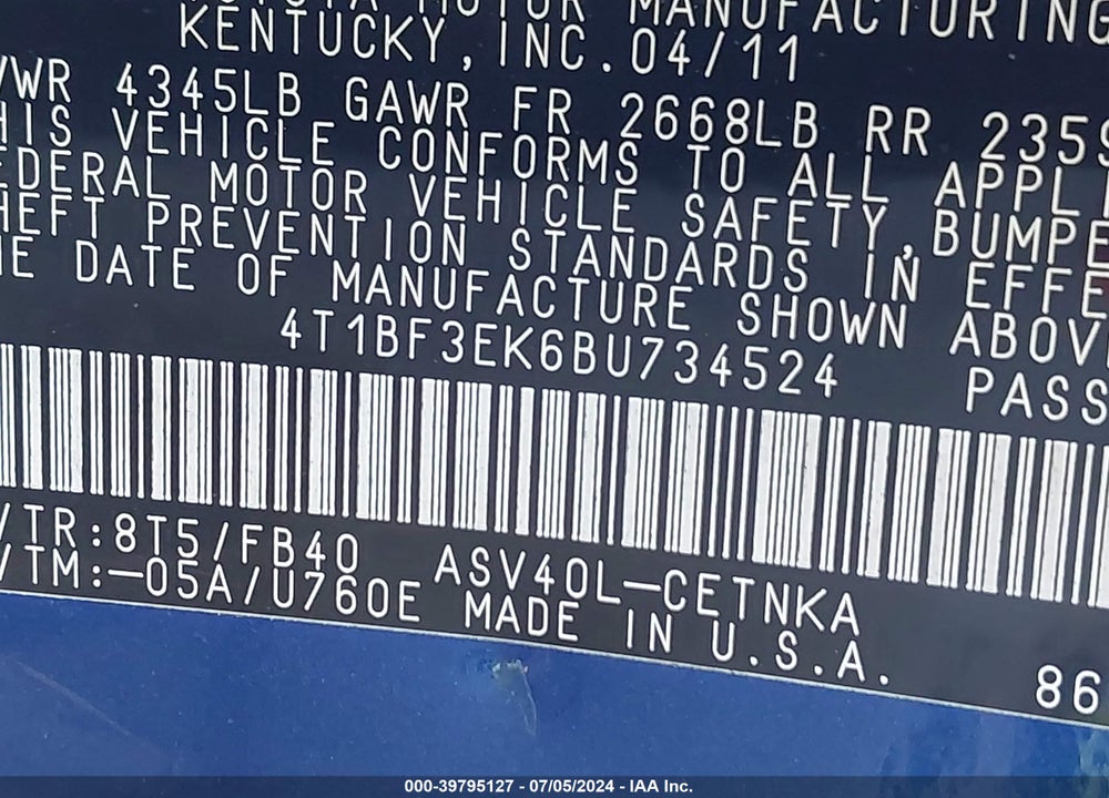 2011 TOYOTA CAMRY LE VIN: 4T1BF3EK6BU734524